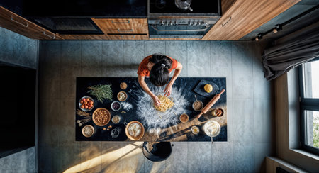 A top-down view of a young woman cooking spaghetti in a modern, stylish kitchendの素材
