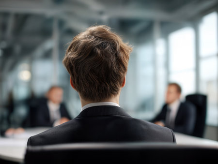 rear view of businessman looking at business people in conference room at officeの素材