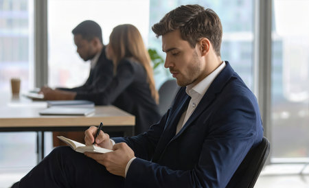 A serious young businessman is writing notes in a notebook, surrounded by colleagues in the office.の素材