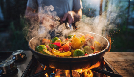 Man cooking vegetables in a pan on the fire in the garden.の素材