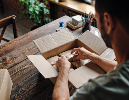 selective focus of man packing parcel box in living room at homeの素材