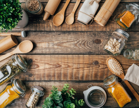 Zero waste cooking concept. Top view of wooden kitchen utensils and food ingredients on rustic wooden tableの素材