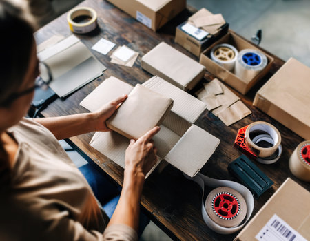 high angle view of young woman packing parcels in cardboard box at workplaceの素材