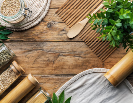 Zero waste concept. Flat lay composition with wooden kitchen utensils on rustic wooden table.の素材