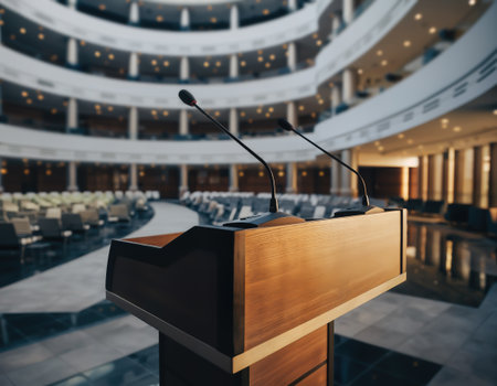 Podium with microphones in conference hall or seminar hall. 3D Renderingの素材