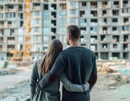 Back view of young couple standing back to back and looking at construction site. Rear view of man and woman hugging and looking at building under construction.の素材