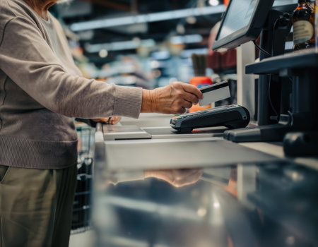 Cropped image of woman paying with credit card at cash register in supermarketの素材