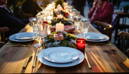 Christmas table setting with candles and gift boxes on wooden table at restaurantの素材