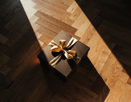 Gift box with golden bow on wooden floor. 3d renderingの素材