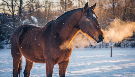 Beautiful brown horse portrait in winter snowfall. Animal portrait.の素材
