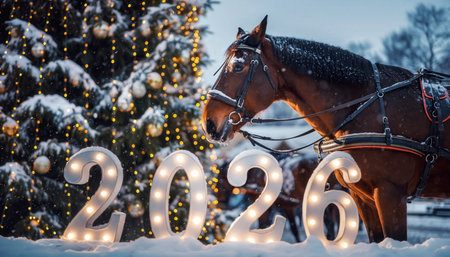 Horse harnessed to a horse with the numbers 2020 in the snow.の素材