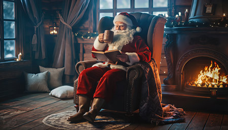 Santa Claus reading a book at home. Christmas and New Year concept.の素材