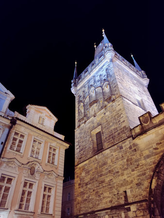 Czech Republic, Prague 11 March 2020: Prague, Smalltown bridge tower in the night