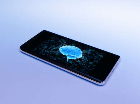 Smart phone, mobile phone isolated, brain, neurons, virtual concept for web and technology, processorの写真素材