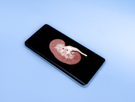 Smartphone, mobile phone isolated, kidney on the touchscreen, medical appの写真素材