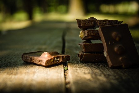 Chocolate pieces on a wooden table in parkの写真素材