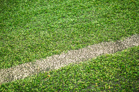Closeup shot to a football field with delimitation line in it and alot of grassの写真素材