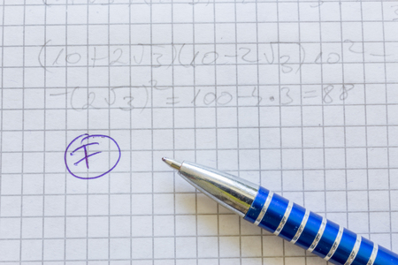 Macro of a paper with math formulas and  pen. F gradeの写真素材