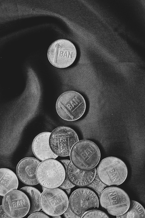 Mixed stack of european coins on silk background. Black and white picture