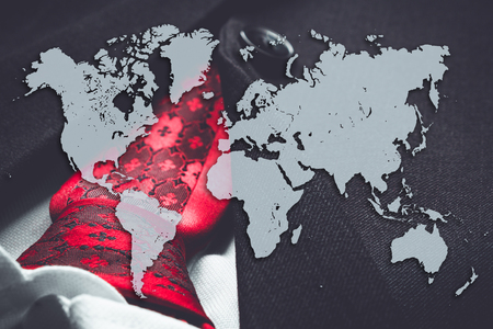 World map on business suit background textureの写真素材
