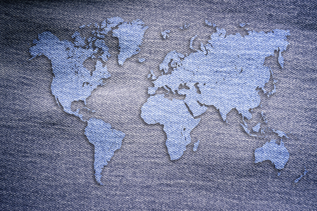 World map on jeans background. Travel concept banner, flyer or posterの写真素材