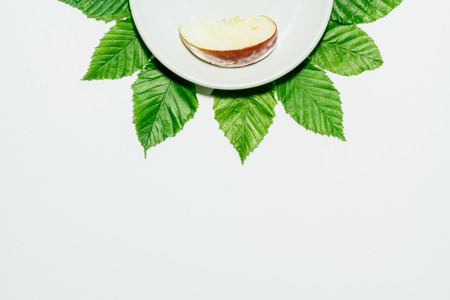 Apple slice on white and orange plate over leaves and lime green colored backgroundの写真素材