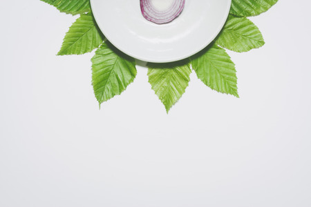 Minimal onion background. Vegetable on white plate with leaves around it. Matte colored.の写真素材