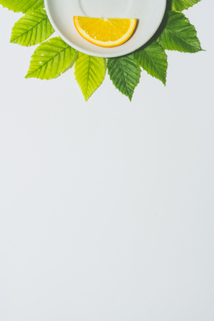Minimal orange slice background. Fruit on white plate with leaves around it. Matte colored. Vertical design for a leaflet, banner, cover or flyerの写真素材