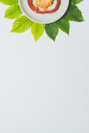 Minimal red pepper slice background. Fruit on white plate with leaves around it. Matte colored. Vertical design for a leaflet, banner, cover or flyerの写真素材