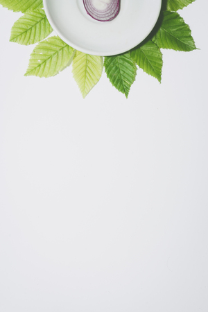 Minimal onion background. Vegetable on white plate with leaves around it. Matte colored. Vertical design for a leaflet, banner, cover or flyerの写真素材