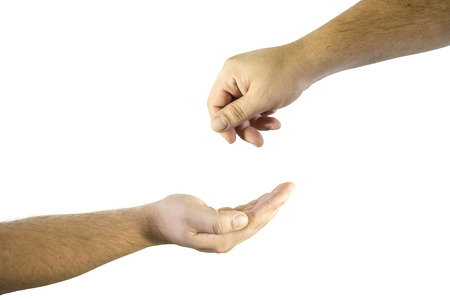 Hands giving or taking isolated on whiteの写真素材
