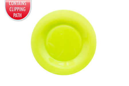 Empty lime green plate isolated on white with clipping or working pathの写真素材