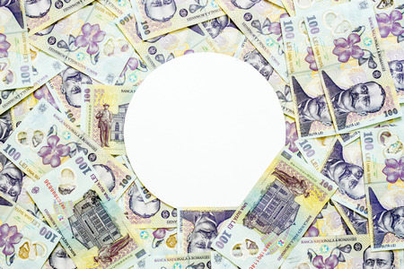 Background with money from Romania with a circle copy space in the middleの写真素材
