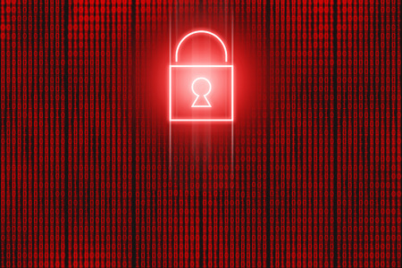 Red neon locked padlock icon in front of binary code screen. Hacking background conceptの写真素材