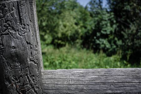Old weathered wood with blurred green grass and leaves in background. Countryside conceptの写真素材