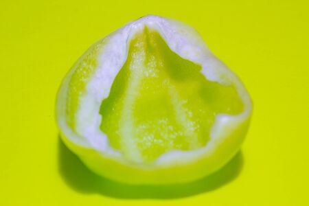 Personal perspective view of a half cut clean green pepper on a light green backgroundの写真素材