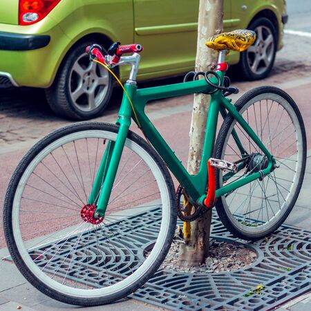 Green bicycle with thin tires and light framework parked near a tree during day time â Fast an non-polluting way of transport in a crowded city â Concept image for activity, recreation and sportの写真素材