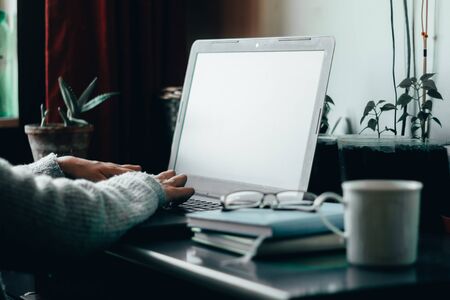 Young adult hands typing on a laptop with two notebooks a pair of glasses and a cup of coffee on a side with a green plant in background â Concept image for online shopping or working from homeの写真素材