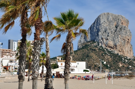 Mediterranean Resort Calpe, Spain with mountain Penon de Ifach and palmsのeditorial素材