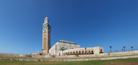 Exterior of Hassan II mosque with blue sky background, Casablanca, Morocco (Panorama)の写真素材