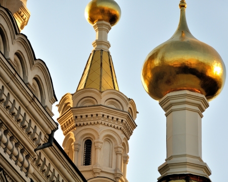Domes of Pokrov (Protection of the Blessed Virgin Mary) - main Orthodox temple in Sevastopol, Crimea, Ukraine - at sunsetの写真素材