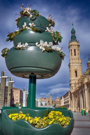 Basilica of Our Lady of Pillar with flowers at the forefront, Spain, Europeのeditorial素材
