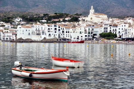 Aerial view of Cadaques, Spain with Cathedral, sea and Two Boatsのeditorial素材