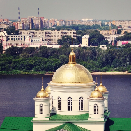 Domes of a Church in Nizhny Novgorod, Russia in summer with city at the backgroundの写真素材