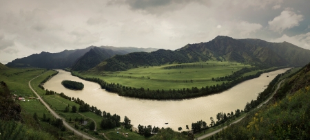River Katun in Altai Republic, Russia. Panoramic view with mountainsの写真素材