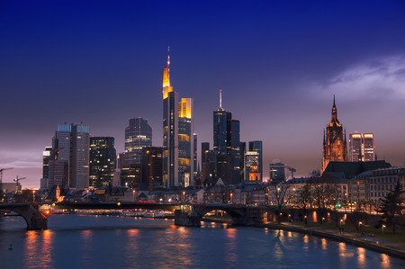 Frankfurt Skyline, Germany at night with famous skyscrapersの写真素材