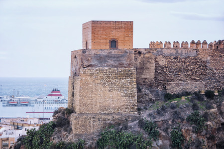 Tower of Alcazaba of Almeria is a fortified complex in Andalusia, Spain. View at the port and seaのeditorial素材