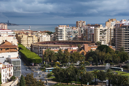 Aerial view of Bullring arena in Malaga, Andalusia, Spain. Heavy cloudsのeditorial素材