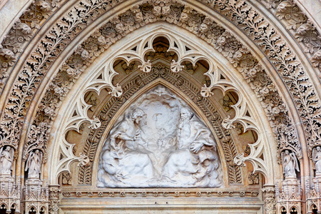 Close view of Facade of an Zagreb Roman Catholic Cathedral, Croatia. Religious decoration of a main entranceの写真素材