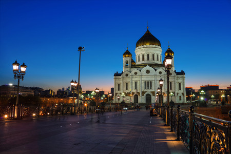 Cathedral of Christ the Savior, Moscow, Russia with Patriarshiy Bridge at Nightの写真素材